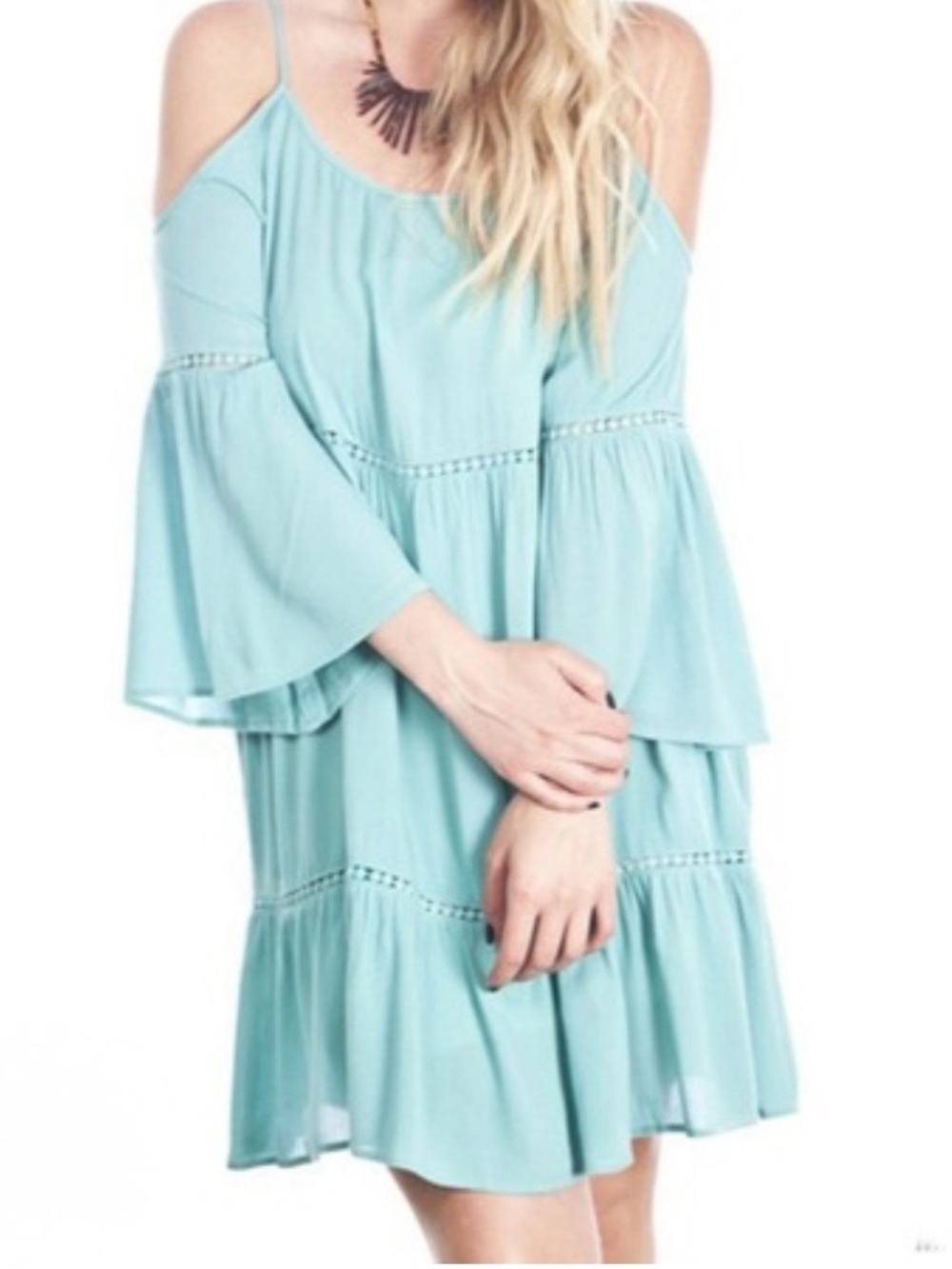 Umgee Turquoise Cold-Shoulder Tiered Long Sleeve Dress
